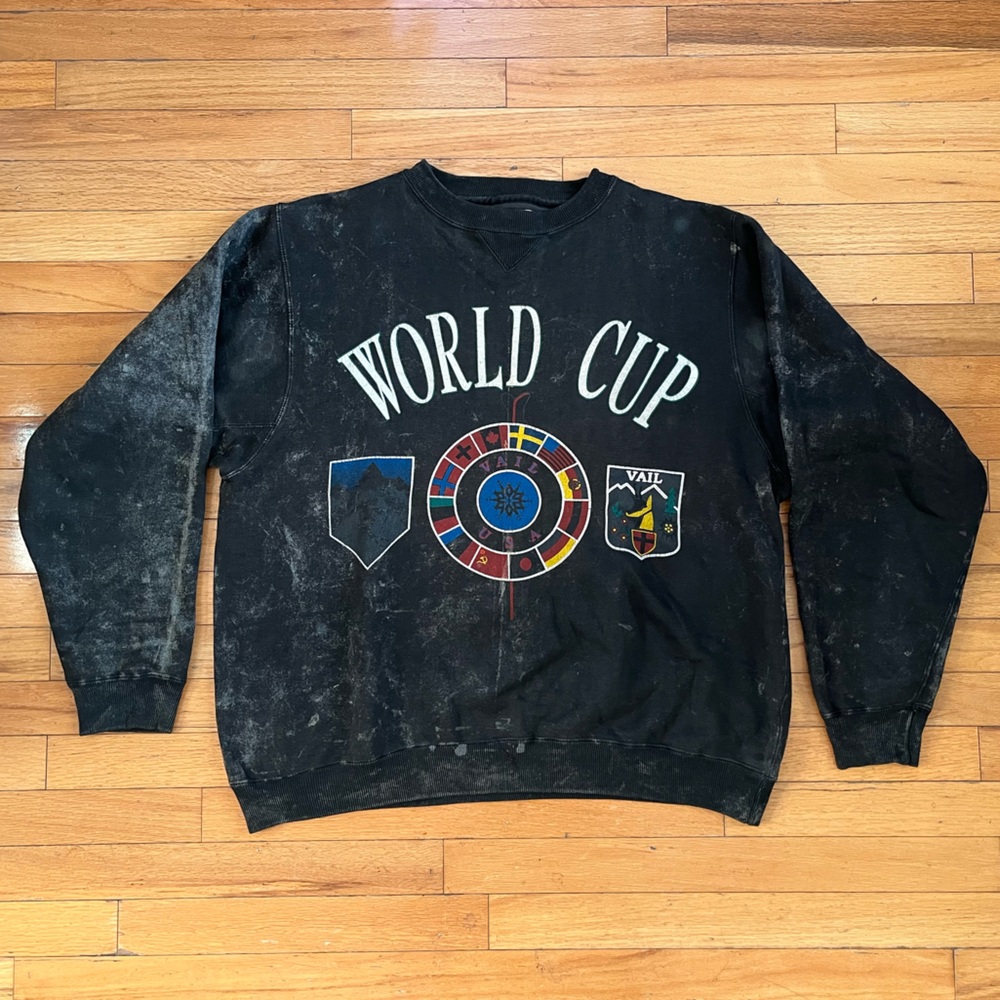 VTG Galt Sand World Cup Graphic Print Crewneck Sweater Black Acid Wash 90s Crew
